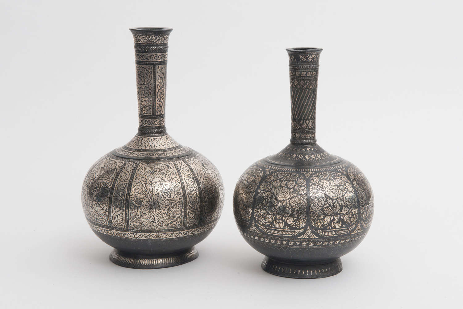 Indian Silver Bidri Ware Bottles, Bidar 19th century